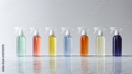 Row of six spray bottles of different colors - green, orange, yellow, blue, and purple - arranged in a line on a white marble surface. each bottle has a white trigger dispenser on top.