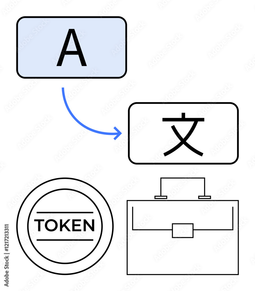 Letters and ideograms represent translation, token exchange, and briefcase for communication. Ideal for AI, linguistics, business, technology, globalization, workflows abstract line flat metaphor Letters and ideograms represent translation, token exchange, and briefcase for communication. Ideal for AI, linguistics, business, technology, globalization, workflows abstract line flat metaphor