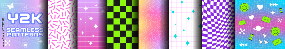 Y2K Seamless Patterns Collection: Retro Grids, Sparkles, Checkers, Neon Icons & Nostalgic Vibes