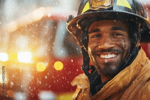 A firefighter smiling as they stand in front of a fire truck, with soot on their face and a heroic posture photo