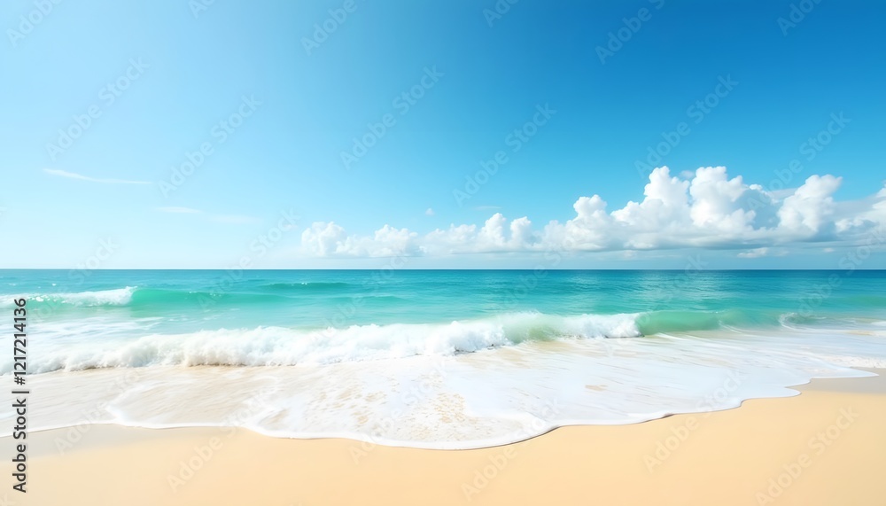 Serene beach scene with gentle waves under a clear blue sky and fluffy clouds Serene beach scene with gentle waves under a clear blue sky and fluffy clouds