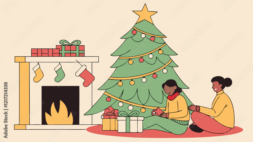 Fototapeta premium Festive Christmas Celebration with Decorated Tree, Gifts, Stockings, and Cheerful Family in Cozy Flat Art Style for Holiday Themes