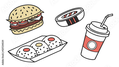 Trendy Food and Beverage Icons Including Burgers, Sushi, Coffee, and Smoothies in Simple and Clean Vector Design for Menu Creators