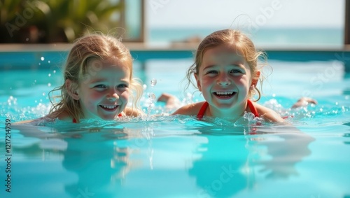 Children laughing as they attempt synchronized jumps into refreshing pool water Smiling Caucasian family relaxing by an infinity pool at a resort