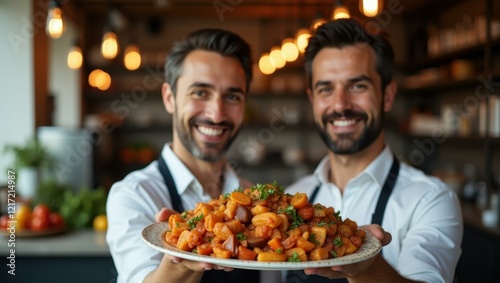 Close-up couple proudly holding platter of traditional middle eastern dishes Smiling Middle Eastern couple operating a family-run restaurant
