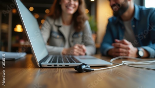 Close-up earphones plugged into laptop lying open on rustic wooden table Smiling Hispanic startup founders brainstorming in a cafe