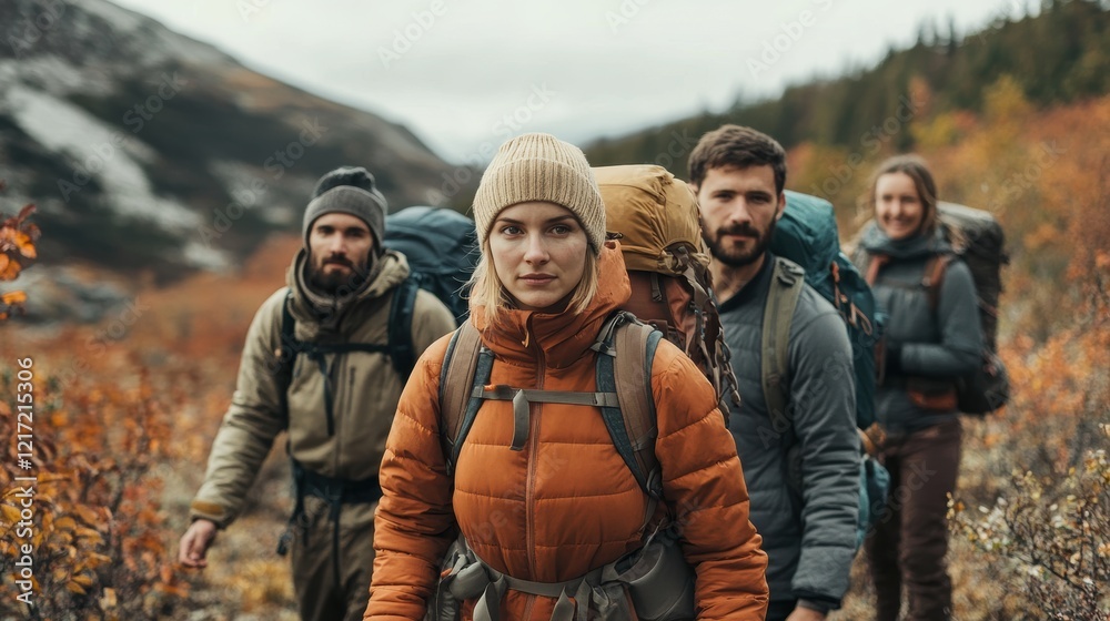 Fototapeta premium Group of Hikers in Autumn Landscape