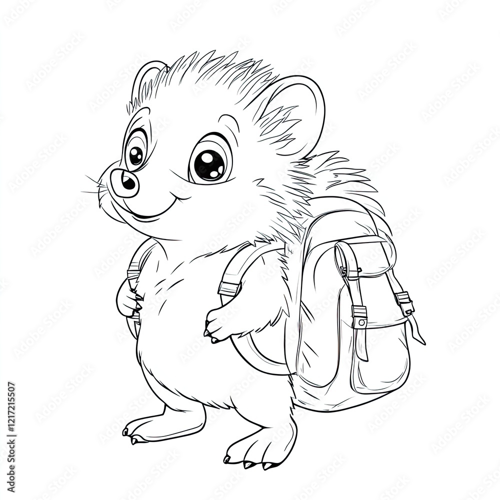 Naklejka premium Adorable Hedgehog with Tiny Backpack Simple Coloring Book Illustration