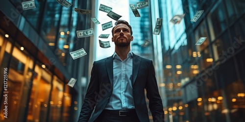 A confident businessman walking down a city street as dollar bills fall around him, symbolizing wealth, success, and ambition. Ideal for business, finance, and motivational themes.