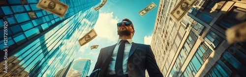 A confident businessman walking down a city street as dollar bills fall around him, symbolizing wealth, success, and ambition. Ideal for business, finance, and motivational themes.