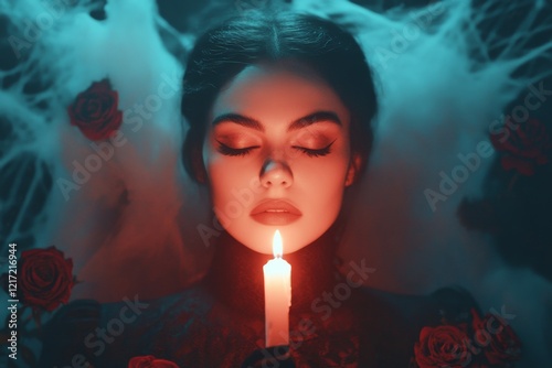 A gothic figure sitting in a shadowy room, smiling mysteriously as a single candle illuminates their face, with dark roses and cobwebs in the background photo