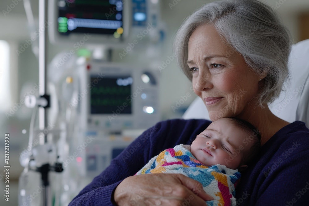 A loving grandmother cradles her sleeping newborn, showcasing the bond of family and warmth in a serene hospital setting, embodying the essence of love and care.