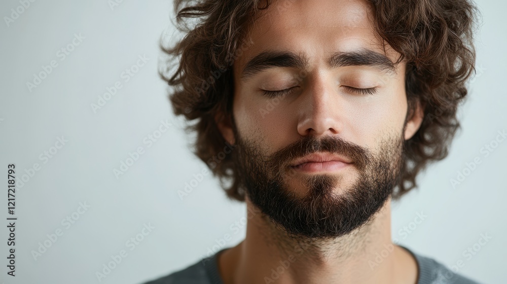 Obraz premium Man with Closed Eyes and Curly Hair