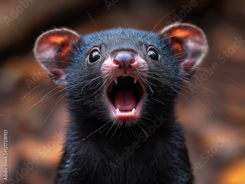 A Tasmanian Devil with its mouth open showing its sharp teeth and surprised look photo