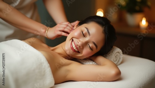 Masseuse's hands expertly applying soothing oil with rhythmic movements Smiling Asian woman enjoying a massage at a luxury spa
