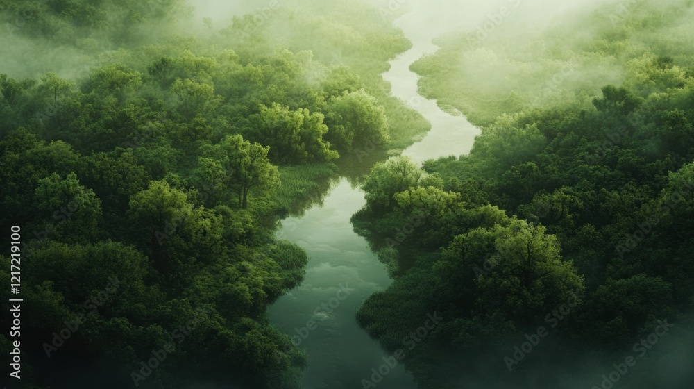 A winding river meanders through a dense forest, its path obscured by mist. A winding river meanders through a dense forest, its path obscured by mist.