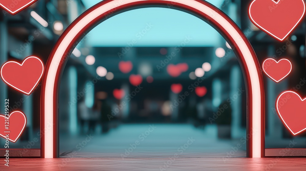Fototapeta premium Archway Valentine Concept, Futuristic Archway with Glowing Holographic Hearts in a Modern Urban Environment