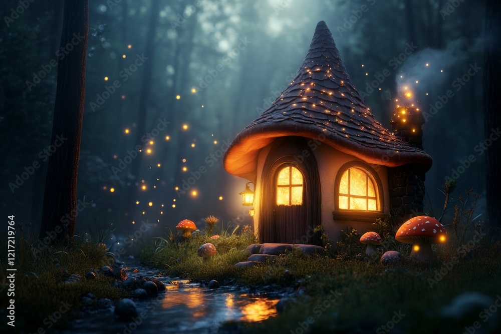 Fototapeta premium A magical woodland cottage glowing warmly from within, surrounded by soft, colorful mushrooms, a gentle stream, and glowing fireflies creating a fantastical cozy atmosphere