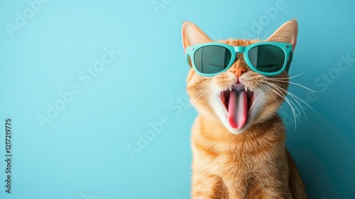 A playful ginger cat wearing teal sunglasses, caught mid-yawn, set against a bright turquoise background. Perfect for humor, summer promotions, or pet-related campaigns