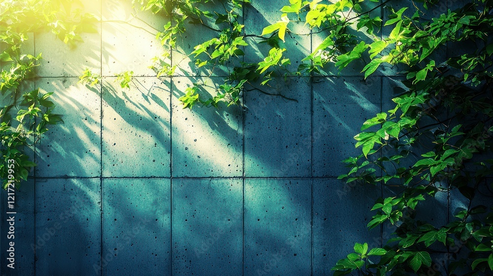 Fototapeta premium Sunlight on ivy-covered concrete wall, urban garden background