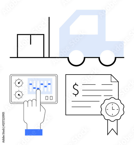 Cargo being loaded onto truck, hand adjusting control panel, and certificate with seal. Ideal for supply chain, transportation, quality control, certification, logistics, automation and technology