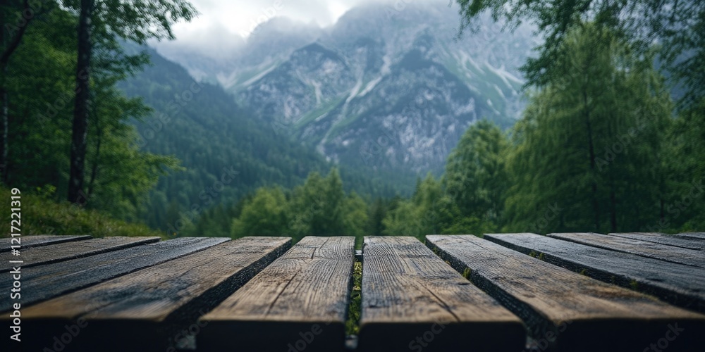 Fototapeta premium Mountain landscape with wooden table