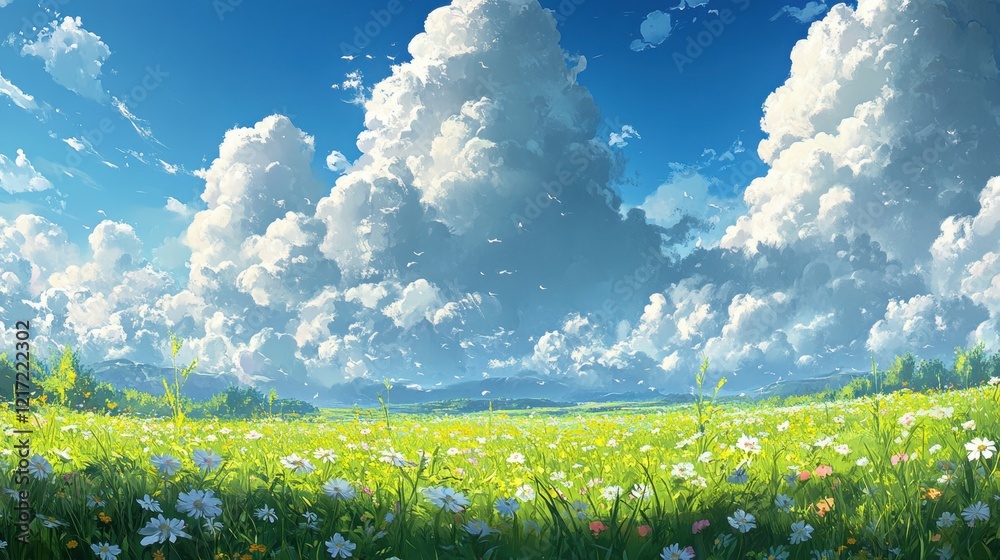 Fototapeta premium Panoramic View of Lush Green Grass Nature Landscape Under Clear Sky Vibrant Environment Expansive Viewpoint
