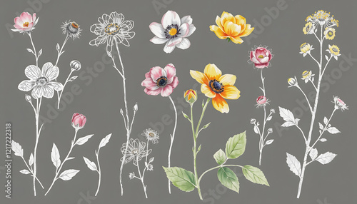 Watercolor Flowers Set: Illustration of various pink, white, yellow hand-painted flowers and buds on a gray background for botanical designs, spring and floral