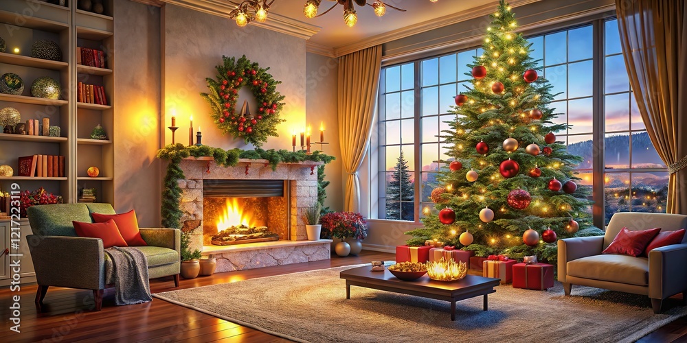 Festive fireplace, twinkling tree, and a warm Christmas living room. Festive fireplace, twinkling tree, and a warm Christmas living room.