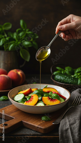 Rustic peach and cucumber salad with feta, prosciutto, and basil, drizzled with olive oil, served in a ceramic bowl. Fresh and vibrant with a dark, moody background.