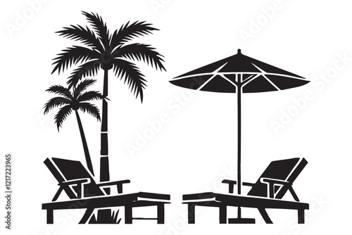 Relaxing Beach Scene Silhouette with Palm Trees and Loungers