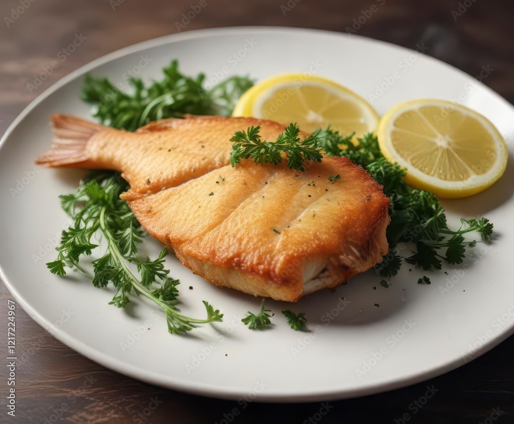 A close-up of a plate with a single fried fish on it, garnished with lemon wedges and parsley , food, dish, plate A close-up of a plate with a single fried fish on it, garnished with lemon wedges and parsley , food, dish, plate