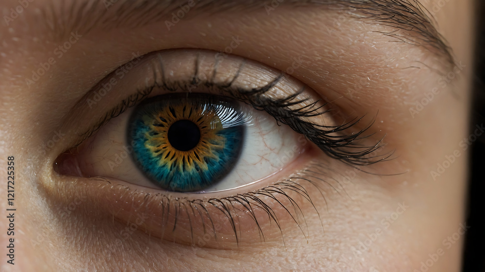 Fototapeta premium A mesmerizing close-up of a human eye featuring a vibrant sunflower-inspired iris and shimmering golden eyeshadow