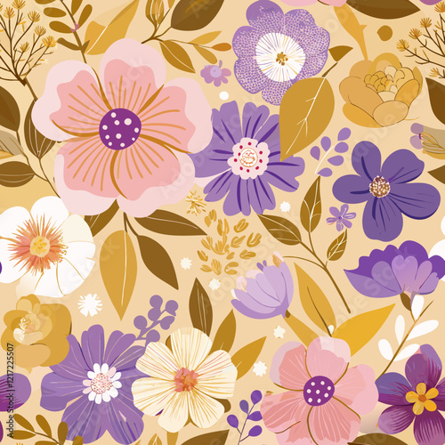 Seamless Floral Background, Hand-Painted Flowers in Shades of Gold, Pink, and Lavender, Symbolizing Growth, Beauty, and Resilience in the Fight Against Childhood Cancer