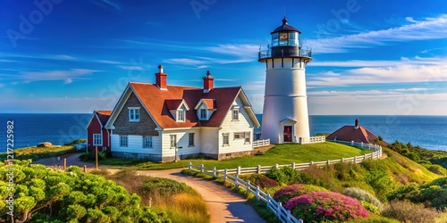 High-resolution image of Nobska Point Lighthouse, Woods Hole, bright day. photo