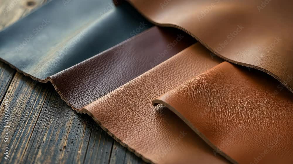 Four different colored leathers are stacked on top of each other. The colors are brown, blue, black, and gray