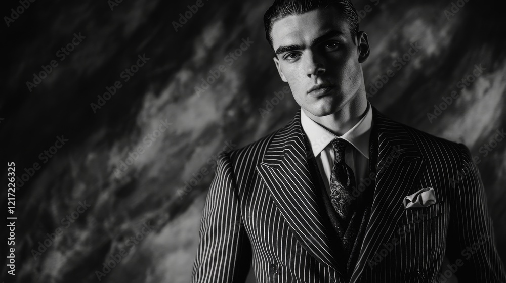 Obraz premium Dapper Gentleman in Pinstripe Suit Embracing Vintage Sophistication with High-Contrast Elegance