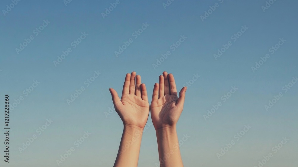 Two hands reaching towards a clear blue sky, symbolizing hope and aspiration in nature Two hands reaching towards a clear blue sky, symbolizing hope and aspiration in nature