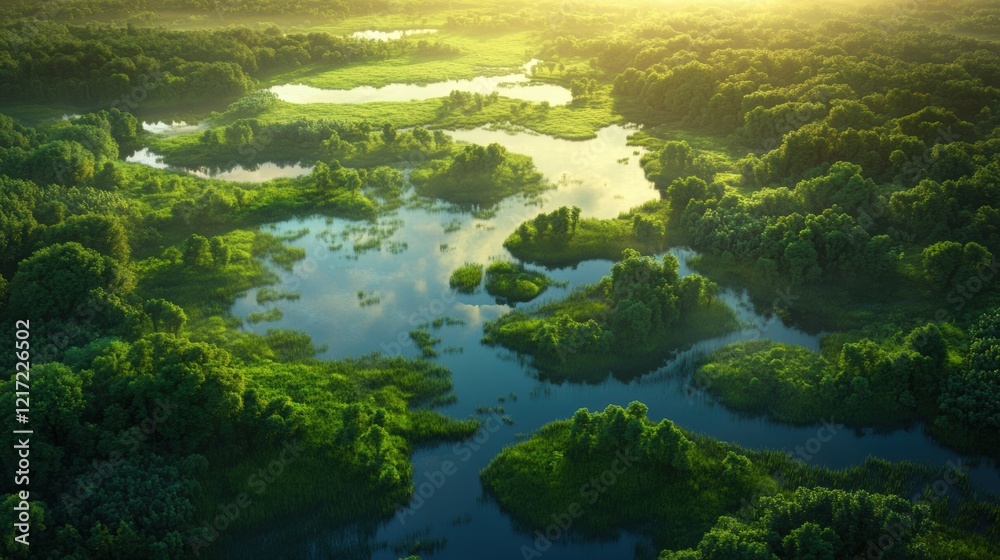 A serene landscape of a river meandering through a lush forest, with the sun rising in the distance. A serene landscape of a river meandering through a lush forest, with the sun rising in the distance.