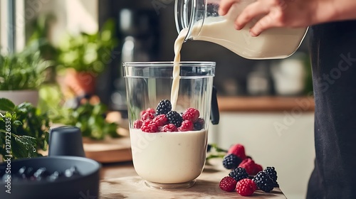 A person pouring soy milk into a blender with fresh berries, ready to make a healthy smoothie photo