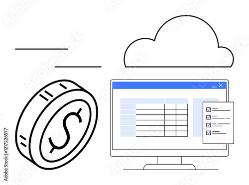 Coin with dollar sign, computer screen showing a spreadsheet and tasks, cloud symbol. Ideal for finance, cloud computing, budgeting, online payments, analytics, accessibility and abstract line flat