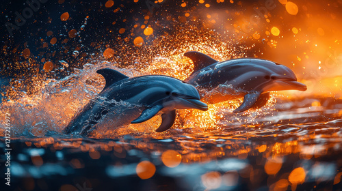 Dolphins Leaping into the Sunset: Two playful dolphins leap high above the water's surface. photo