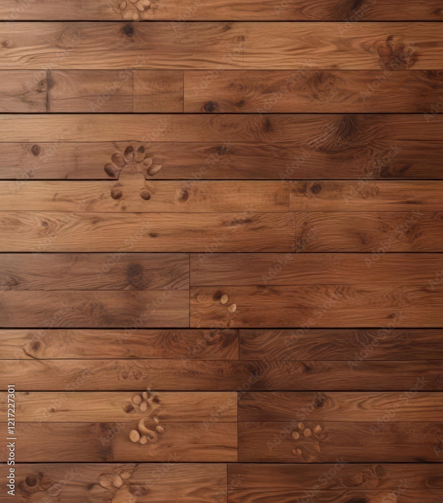 Naklejka premium Animal seamless vector pattern of interlocking paw footprints on brown wooden floor, animal tracks, wildlife patterns