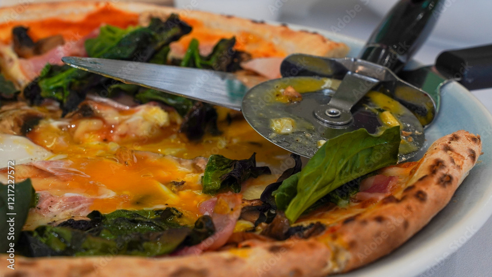 pizza with basil and fried eggs