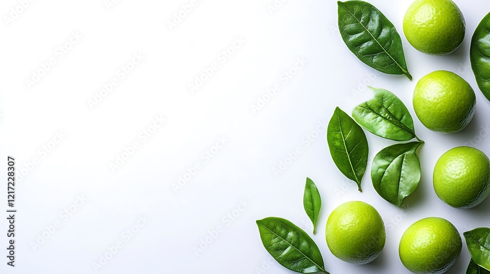 Limes and Leaves Arranged on a White Background Limes and Leaves Arranged on a White Background
