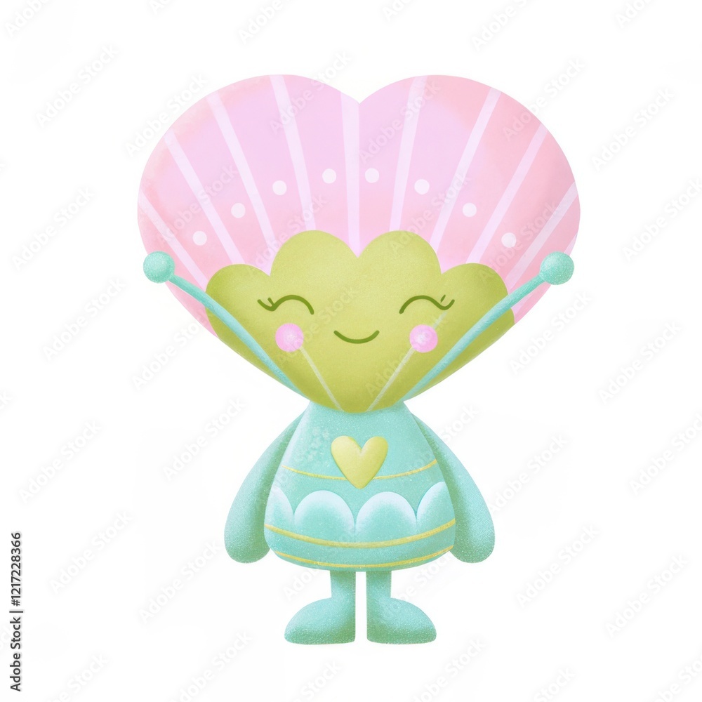 Fototapeta premium Valentine alien. Cute character resembling a shell with a heart shape and joyful expression, ideal for children's themes.