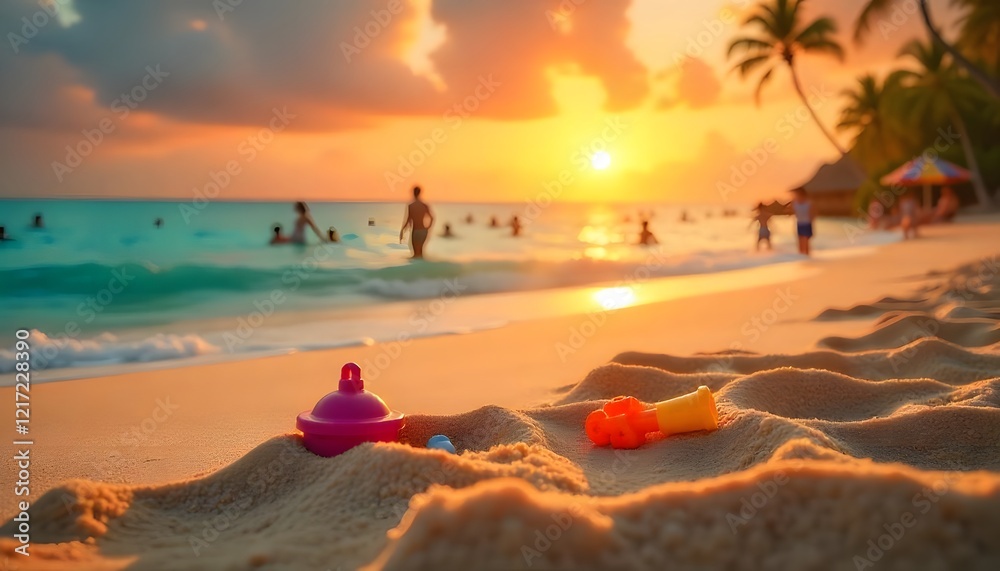 Sunset on a beach with colorful sand toys and silhouettes of people swimming in the ocean