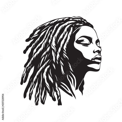 Stylized portrait of a Black woman with flowing dreadlocks, exuding confidence.