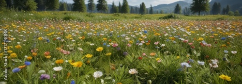 Blooming wildflower fields with Pusteblume L?wenzahn in full bloom ,  flowers,  lush,  green photo