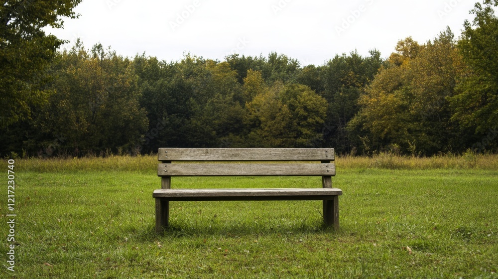 A solitary wooden bench in a serene park surrounded by lush trees under a cloudy sky A solitary wooden bench in a serene park surrounded by lush trees under a cloudy sky